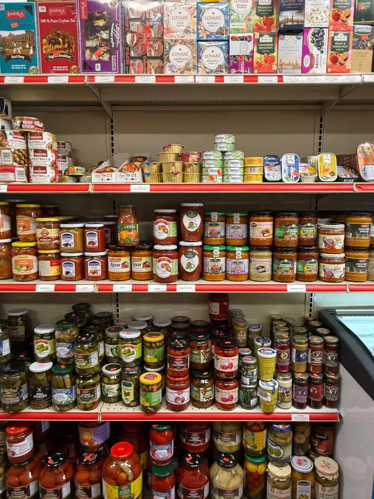 Shelves of Balkan sauces and vegetable spreads